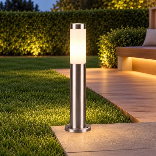 Lampioncino da giardino paletto ip44 moderno cilindrico nichel opaco con diffusore opale