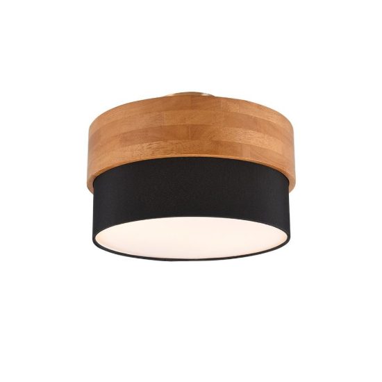 Plafoniera 2 luci moderna con paralume in tessuto nero fascia in legno