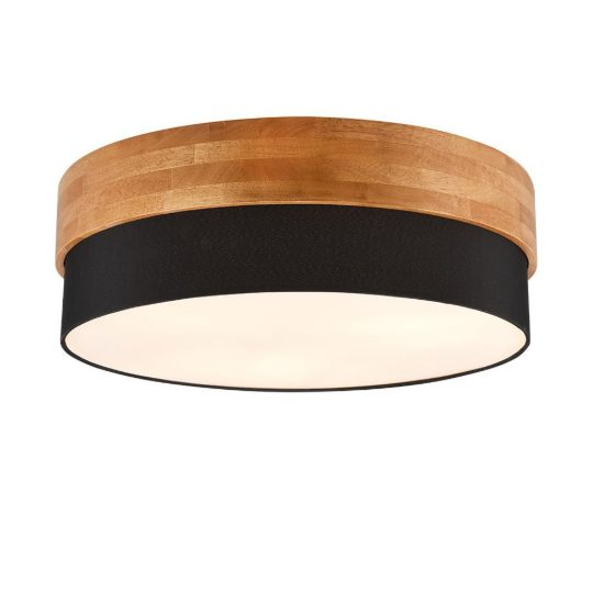 Plafoniera 3 luci per soggiorno moderna con paralume in tessuto nero fascia in legno