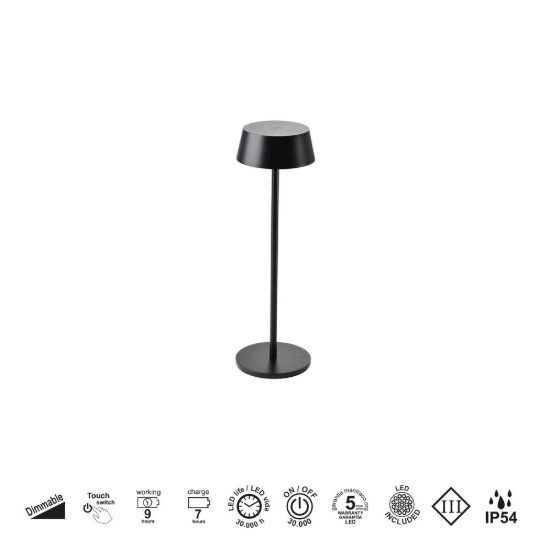 Lampada da tavolino per esterno nera led 2w 3000k ip54 dimmerabile ricaricabile