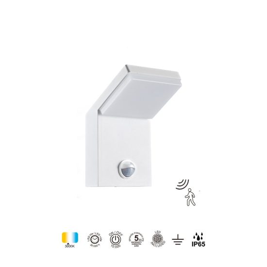 Applique da esterno led 7w 3000k ip65 10cm con sensore di movimento bianca