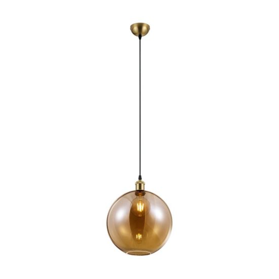 Lampadario a sospensione per camera da letto moderno ottone anticato con sfera in vetro ambra