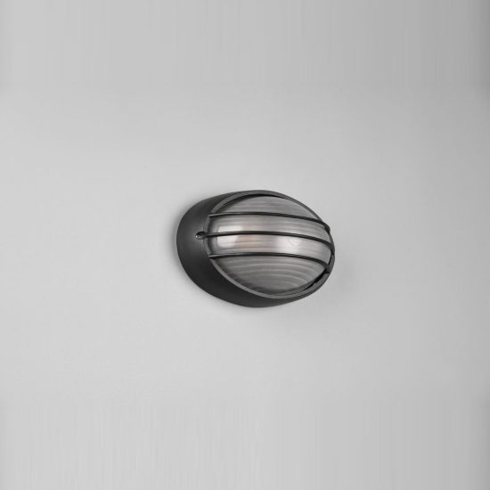 Applique piccola da esterno ip44 moderna ovale nera con griglia e vetro satinato