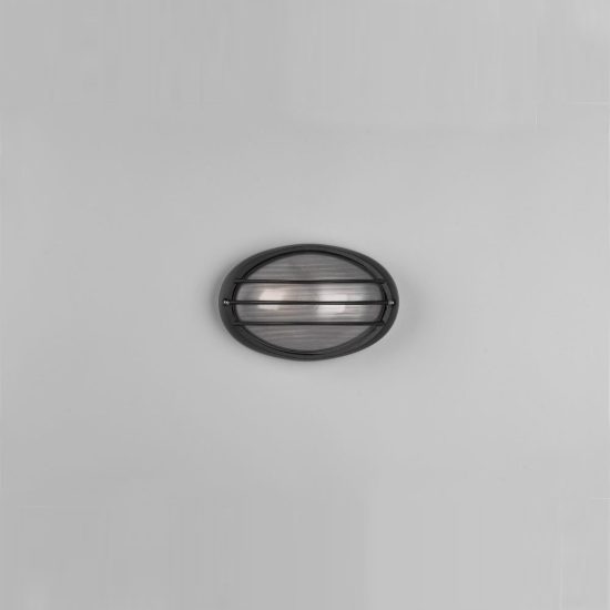 Applique piccola da esterno ip44 moderna ovale nera con griglia e vetro satinato