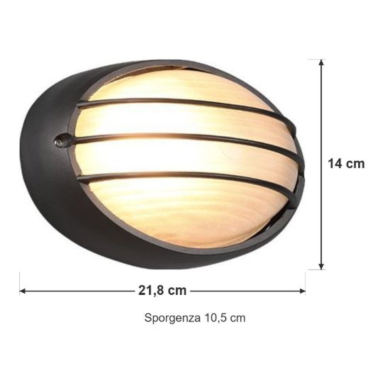 Applique piccola da esterno ip44 moderna ovale nera con griglia e vetro satinato