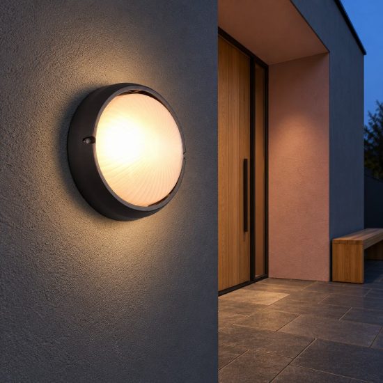 Applique grande da esterno ip44 moderna rotonda nera con vetro satinato