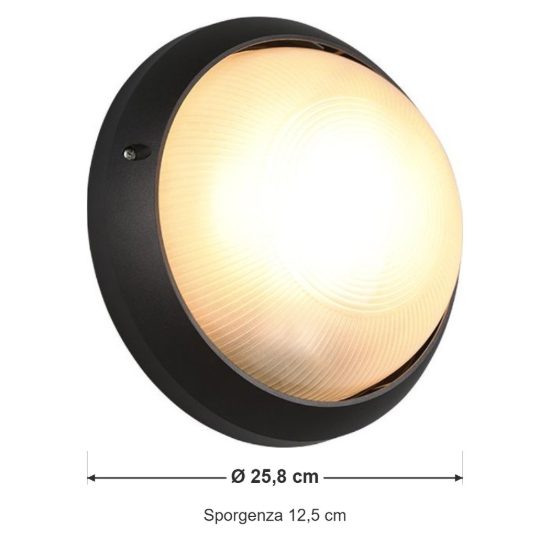 Applique grande da esterno ip44 moderna rotonda nera con vetro satinato