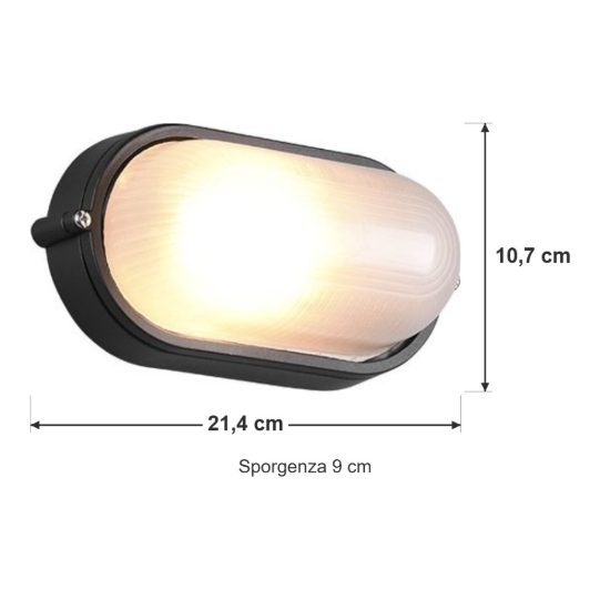 Applique piccola da esterno ip44 moderna ovale nera con vetro satinato