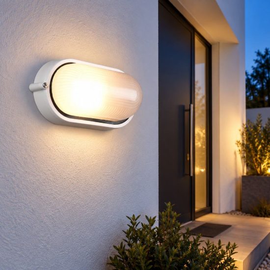Applique grande da esterno ip44 moderna ovale bianca con vetro satinato