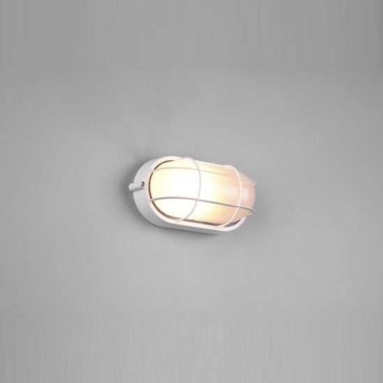 Applique piccola da esterno ip44 moderna ovale bianca con griglia e vetro satinato