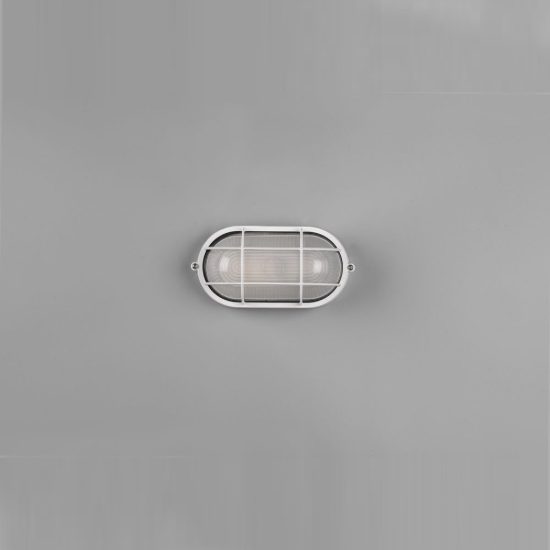 Applique piccola da esterno ip44 moderna ovale bianca con griglia e vetro satinato