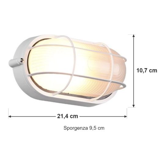 Applique piccola da esterno ip44 moderna ovale bianca con griglia e vetro satinato