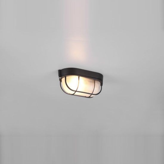 Applique piccola da esterno ip44 moderna ovale nera con griglia e vetro satinato