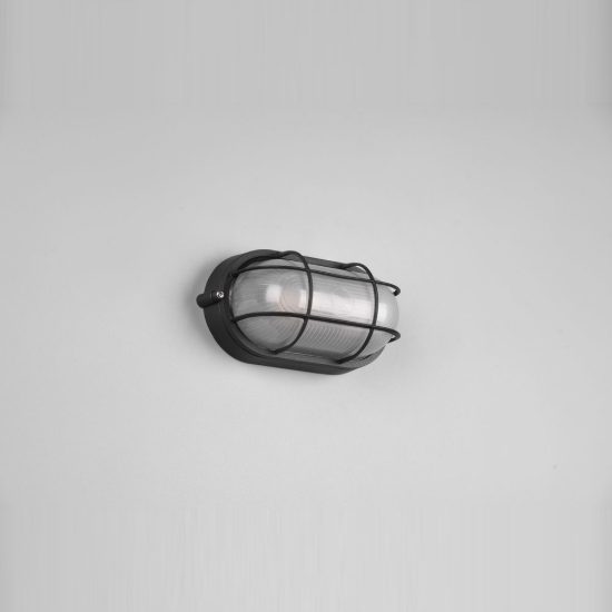 Applique piccola da esterno ip44 moderna ovale nera con griglia e vetro satinato