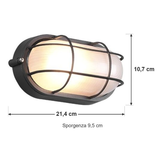Applique piccola da esterno ip44 moderna ovale nera con griglia e vetro satinato