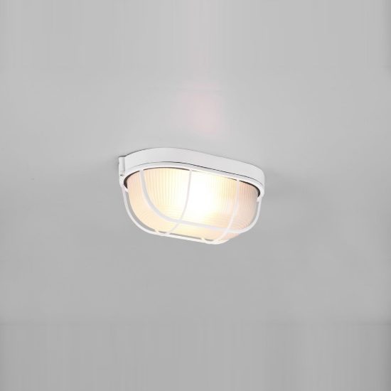 Applique grande da esterno ip44 moderna ovale bianca con griglia e vetro satinato