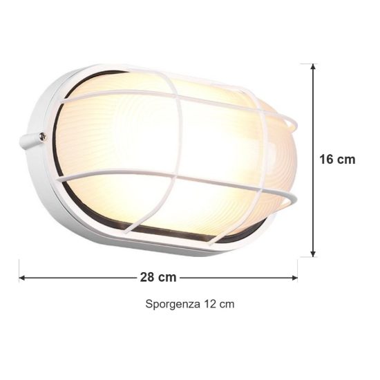 Applique grande da esterno ip44 moderna ovale bianca con griglia e vetro satinato