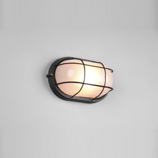 Applique grande da esterno ip44 moderna ovale nera con griglia e vetro satinato