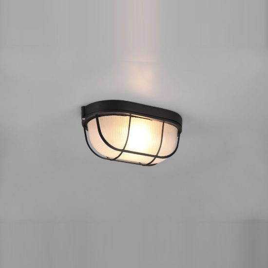 Applique grande da esterno ip44 moderna ovale nera con griglia e vetro satinato