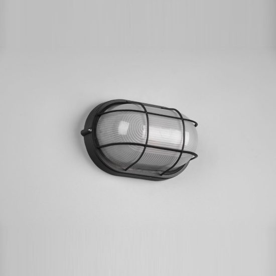 Applique grande da esterno ip44 moderna ovale nera con griglia e vetro satinato
