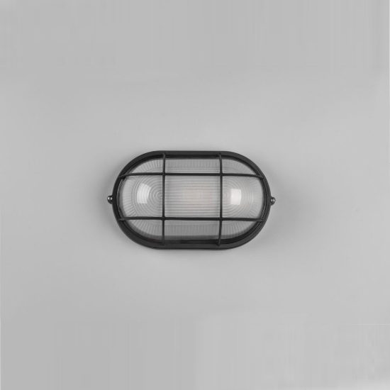 Applique grande da esterno ip44 moderna ovale nera con griglia e vetro satinato