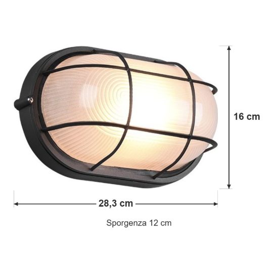 Applique grande da esterno ip44 moderna ovale nera con griglia e vetro satinato