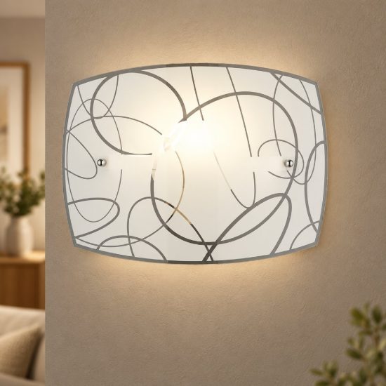 Applique per soggiorno moderna rettangolare in vetro bianco con decoro a cerchi