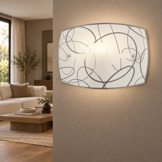 Applique per soggiorno moderna rettangolare in vetro bianco con decoro a cerchi