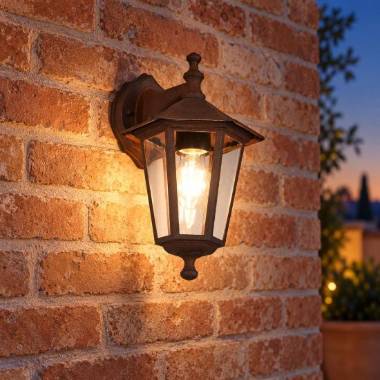 Applique piccola da esterno ip44 a lanterna esagonale pendente ruggine con vetro trasparente