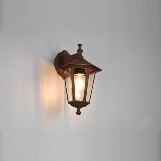 Applique piccola da esterno ip44 a lanterna esagonale pendente ruggine con vetro trasparente