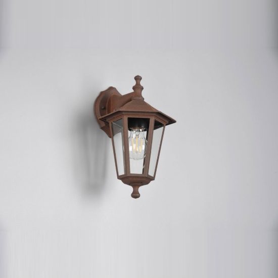 Applique piccola da esterno ip44 a lanterna esagonale pendente ruggine con vetro trasparente