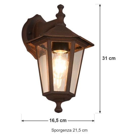 Applique piccola da esterno ip44 a lanterna esagonale pendente ruggine con vetro trasparente