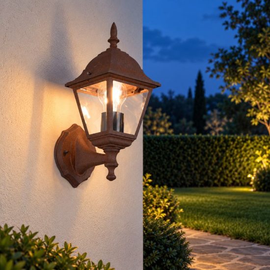 Applique da esterno ip44 a lanterna quadrata su braccio ruggine con vetro trasparente