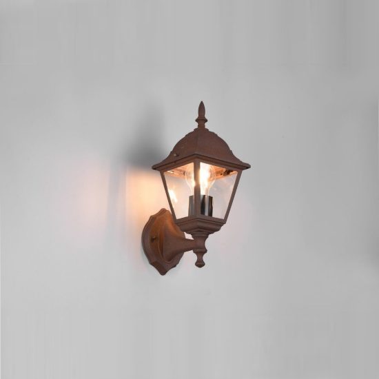 Applique da esterno ip44 a lanterna quadrata su braccio ruggine con vetro trasparente