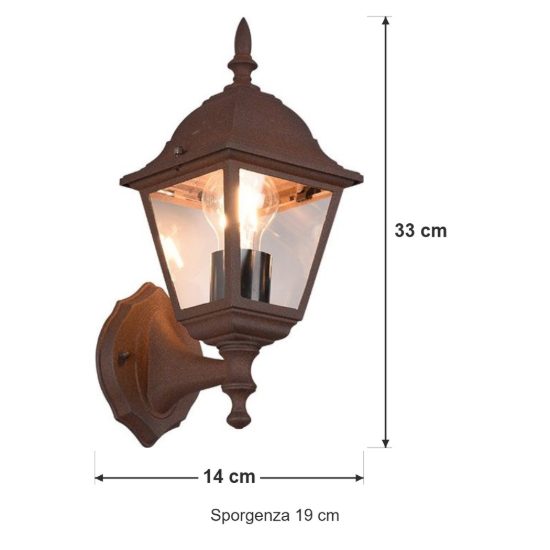 Applique da esterno ip44 a lanterna quadrata su braccio ruggine con vetro trasparente