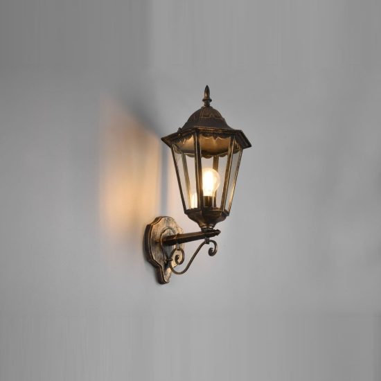 Applique grande da esterno ip44 a lanterna esagonale su braccio ruggine con vetro trasparente