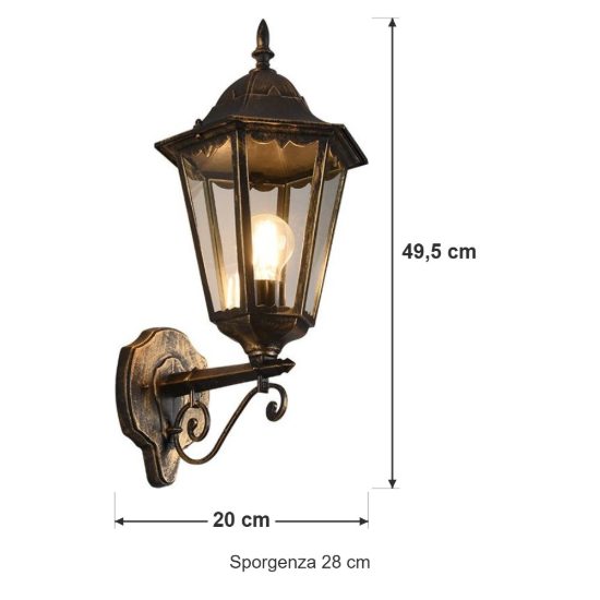 Applique grande da esterno ip44 a lanterna esagonale su braccio ruggine con vetro trasparente