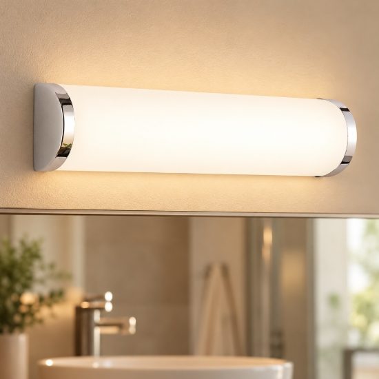 Applique per specchio da bagno 2 luci moderna lineare cromo con vetro satinato bianco