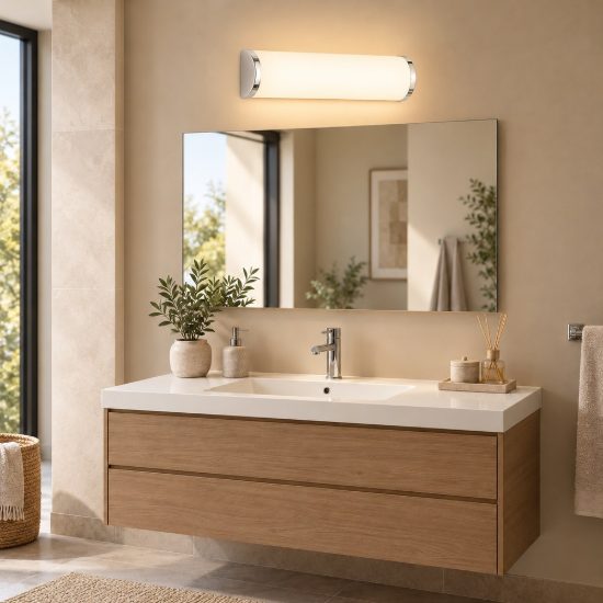 Applique per specchio da bagno 2 luci moderna lineare cromo con vetro satinato bianco