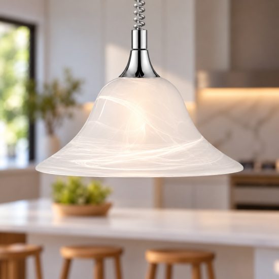 Lampadario a sospensione per cucina moderno nichel opaco con campana in vetro alabastro