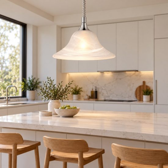 Lampadario a sospensione per cucina moderno nichel opaco con campana in vetro alabastro