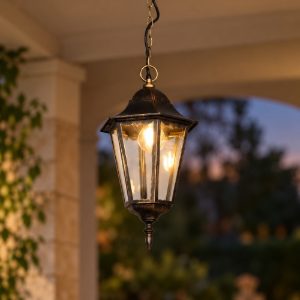Lampada a sospensione da esterno ip44 a lanterna esagonale ruggine con vetro trasparente