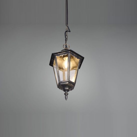 Lampada a sospensione da esterno ip44 a lanterna esagonale ruggine con vetro trasparente