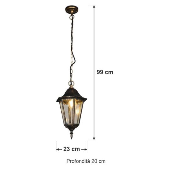Lampada a sospensione da esterno ip44 a lanterna esagonale ruggine con vetro trasparente