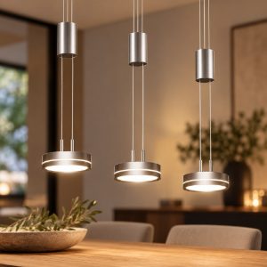 Lampadario a sospensione con pendenti 3 luci led 27w 3000k per sala da pranzo nichel opaco