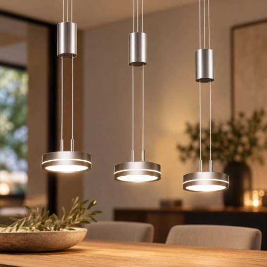 Lampadario a sospensione con pendenti 3 luci led 27w 3000k per sala da pranzo nichel opaco