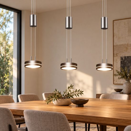 Lampadario a sospensione con pendenti 3 luci led 27w 3000k per sala da pranzo nichel opaco