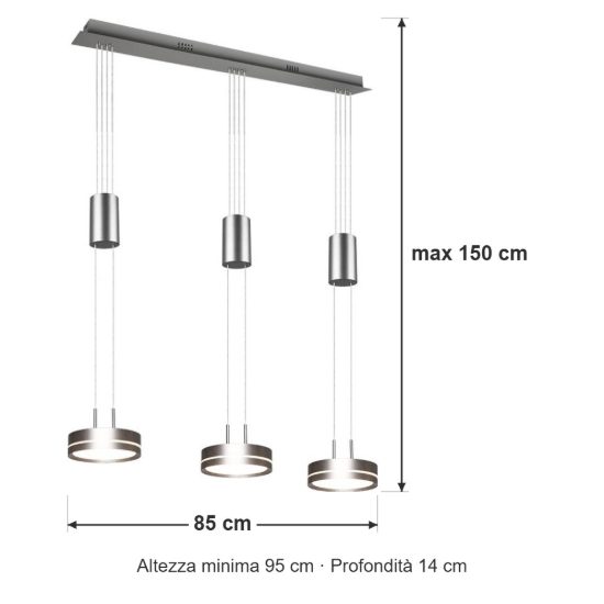 Lampadario a sospensione con pendenti 3 luci led 27w 3000k per sala da pranzo nichel opaco
