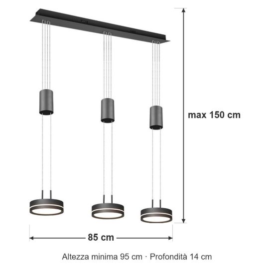 Lampadario a sospensione con pendenti 3 luci led 27w 3000k per sala da pranzo antracite