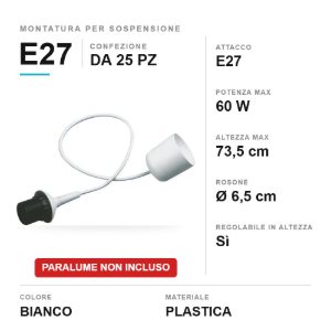 Montatura per sospensione e27 73,5cm bianca senza paralume confezione 25 pezzi